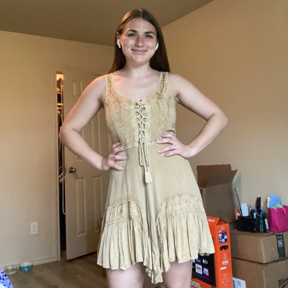 Unique brown/tan embroidered dress, size small, gently used